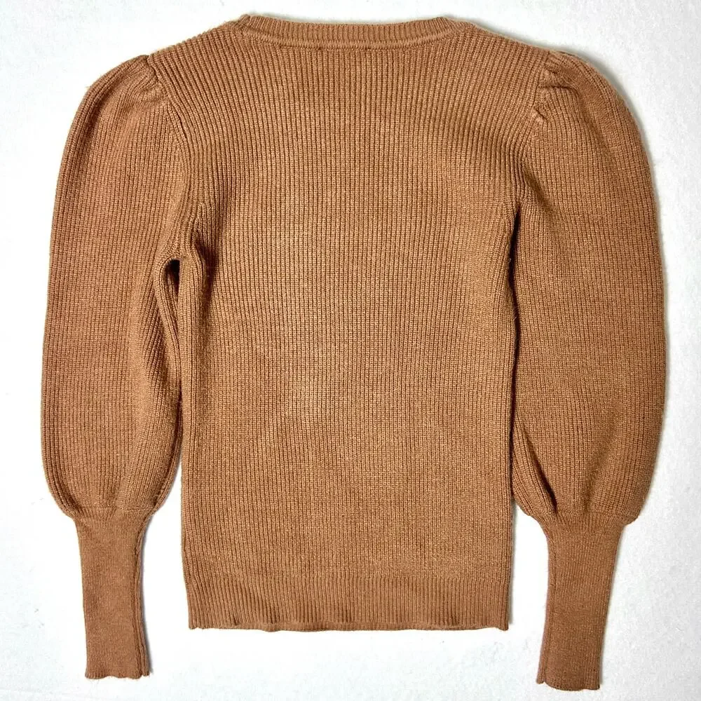 Tahari Sweater Women's Rib Knit Puff Sleeve Fitted Brown Camel Size Small‎